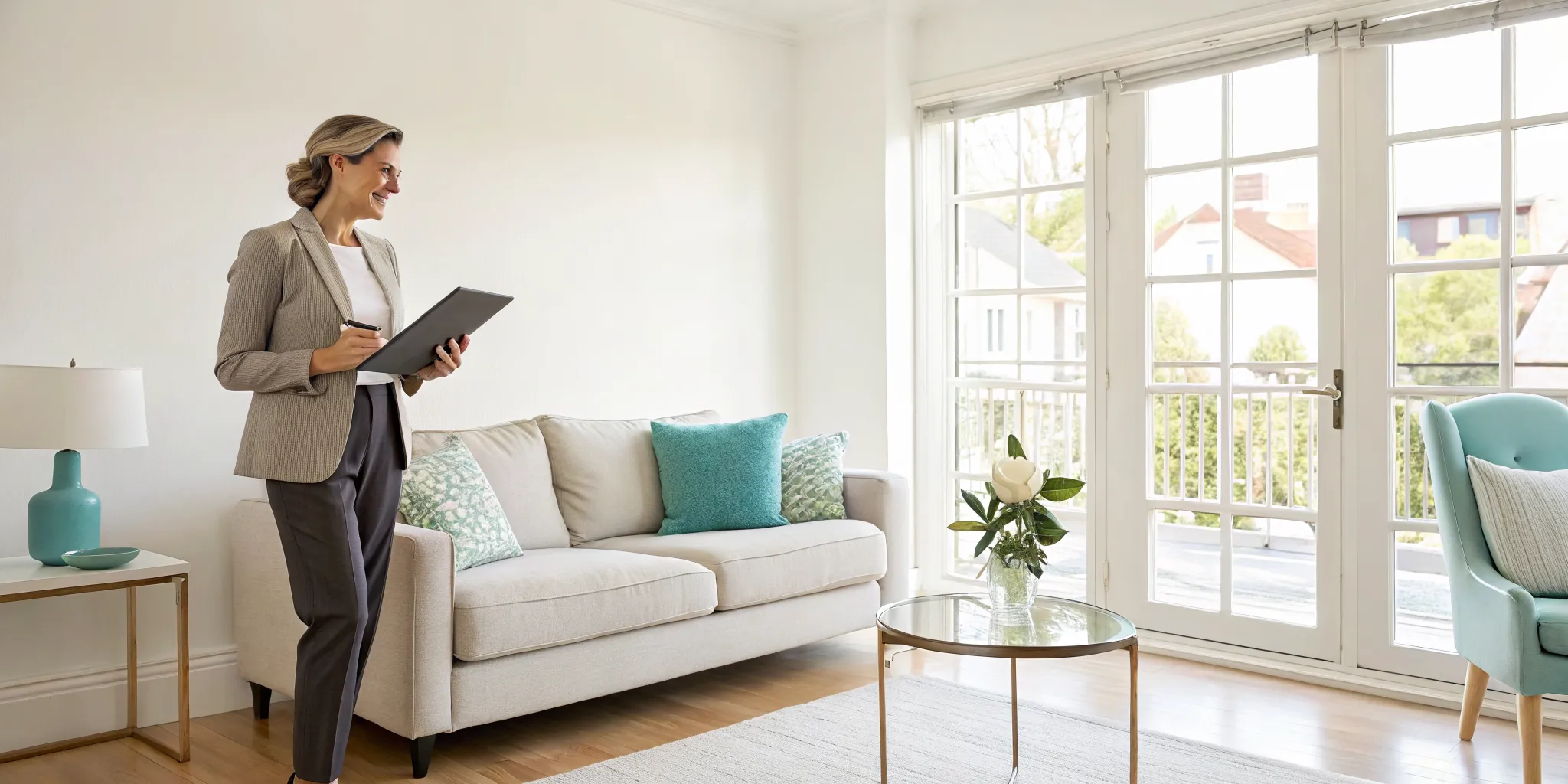 An Airbnb co-host in a modern living room uses a tablet to manage guest communication and bookings.