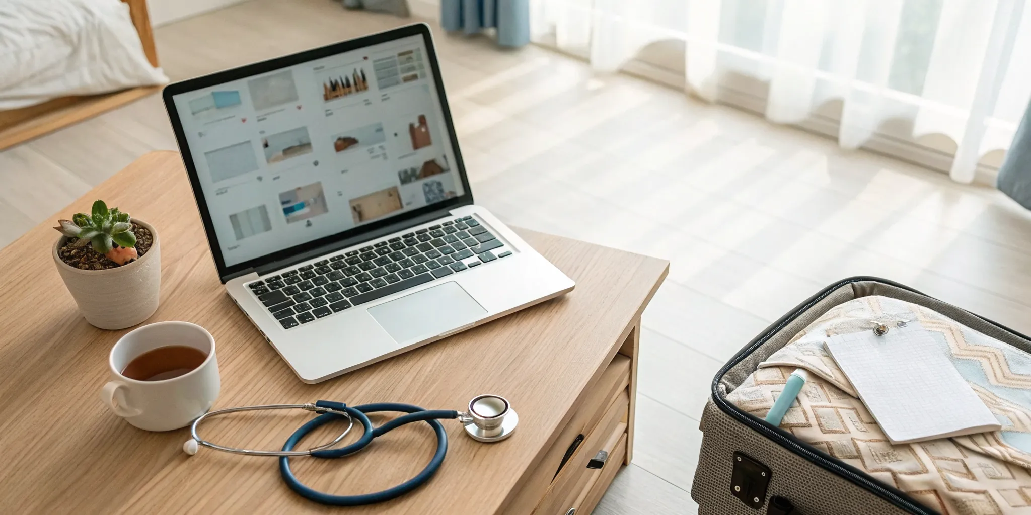 Laptop, stethoscope, and suitcase ready to list my property for travel nurses.