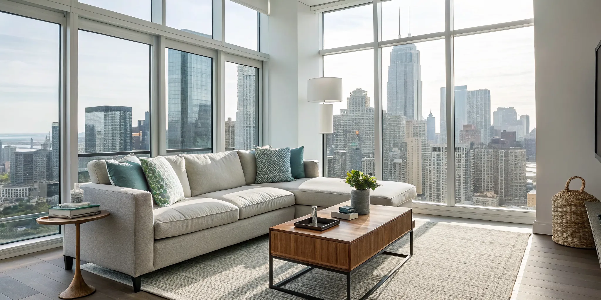 A modern short term rental living room optimized through full-service management.