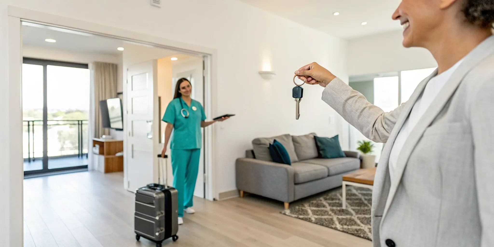 A landlord managing a rental property hands keys to a new traveling nurse tenant.
