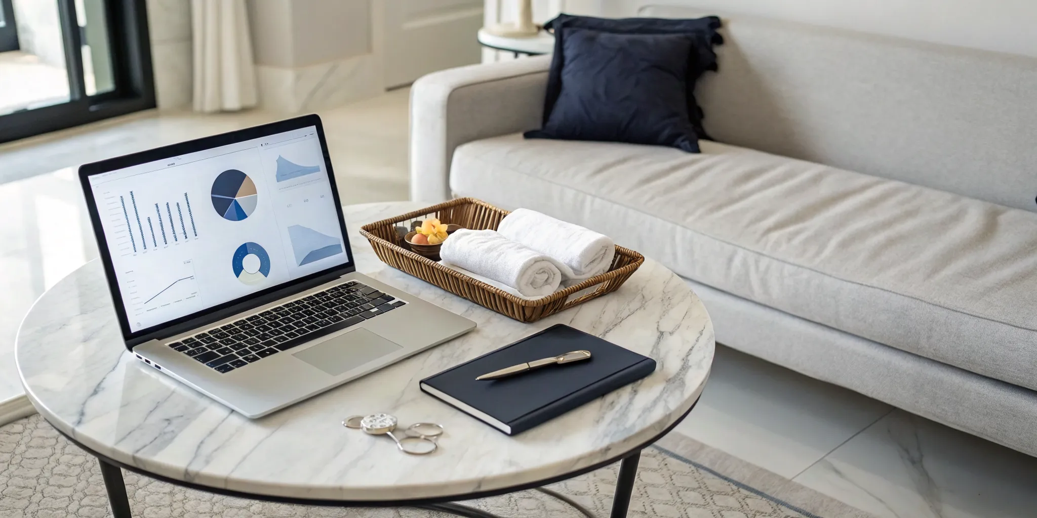 Financial charts on a laptop for a fully managed short term rental investment.