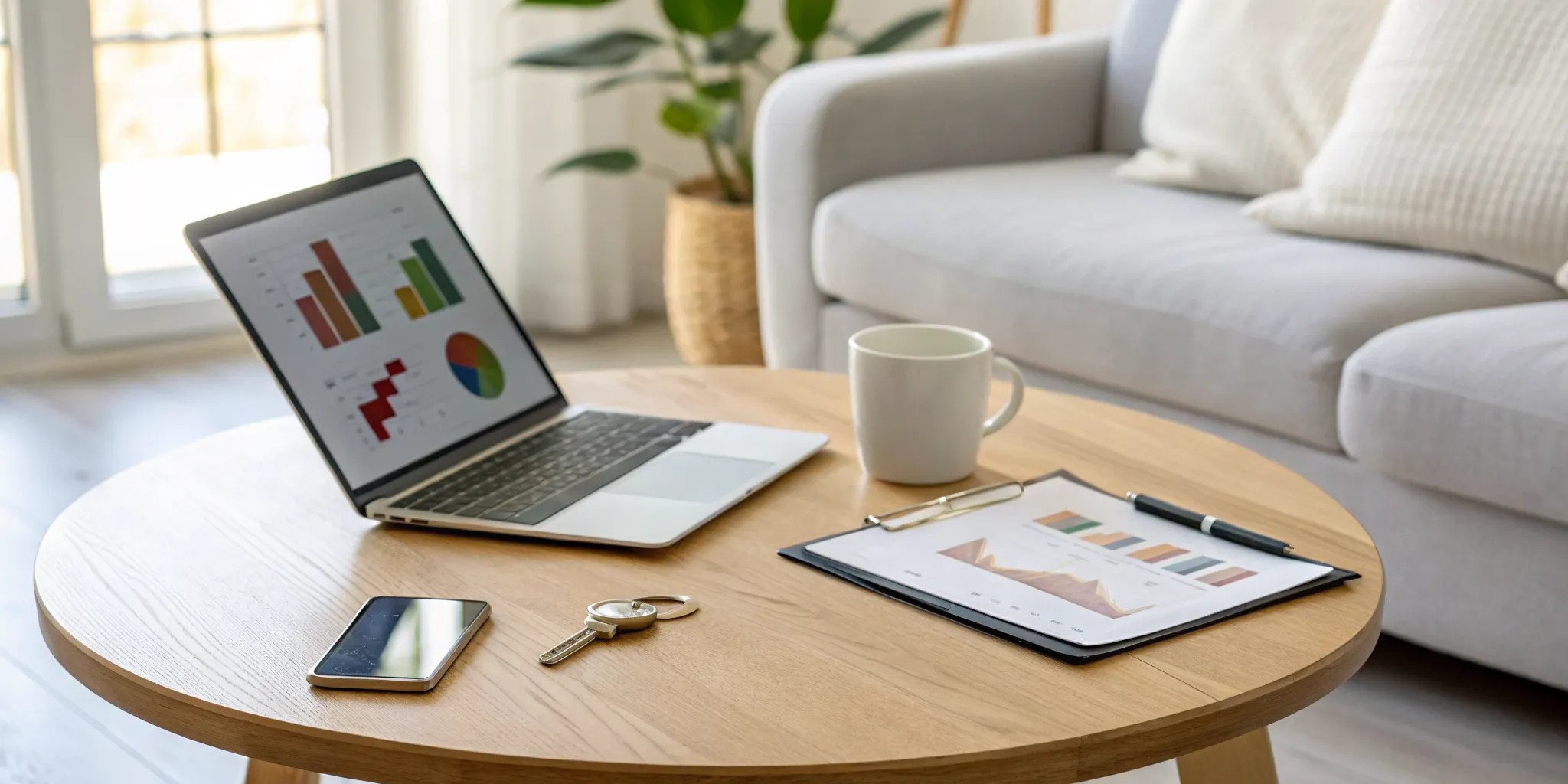 Choosing the best co-hosting services for an Airbnb using a laptop with business charts.