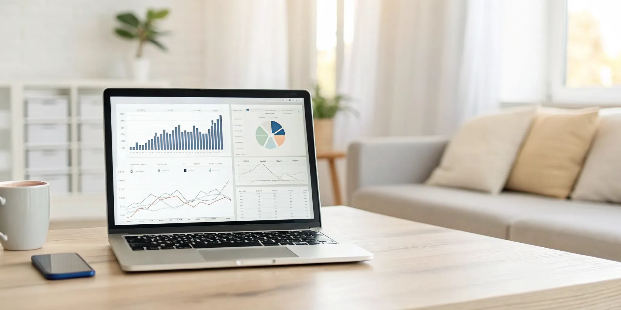 Laptop screen showing an automated Airbnb pricing tool with dynamic charts and market data.