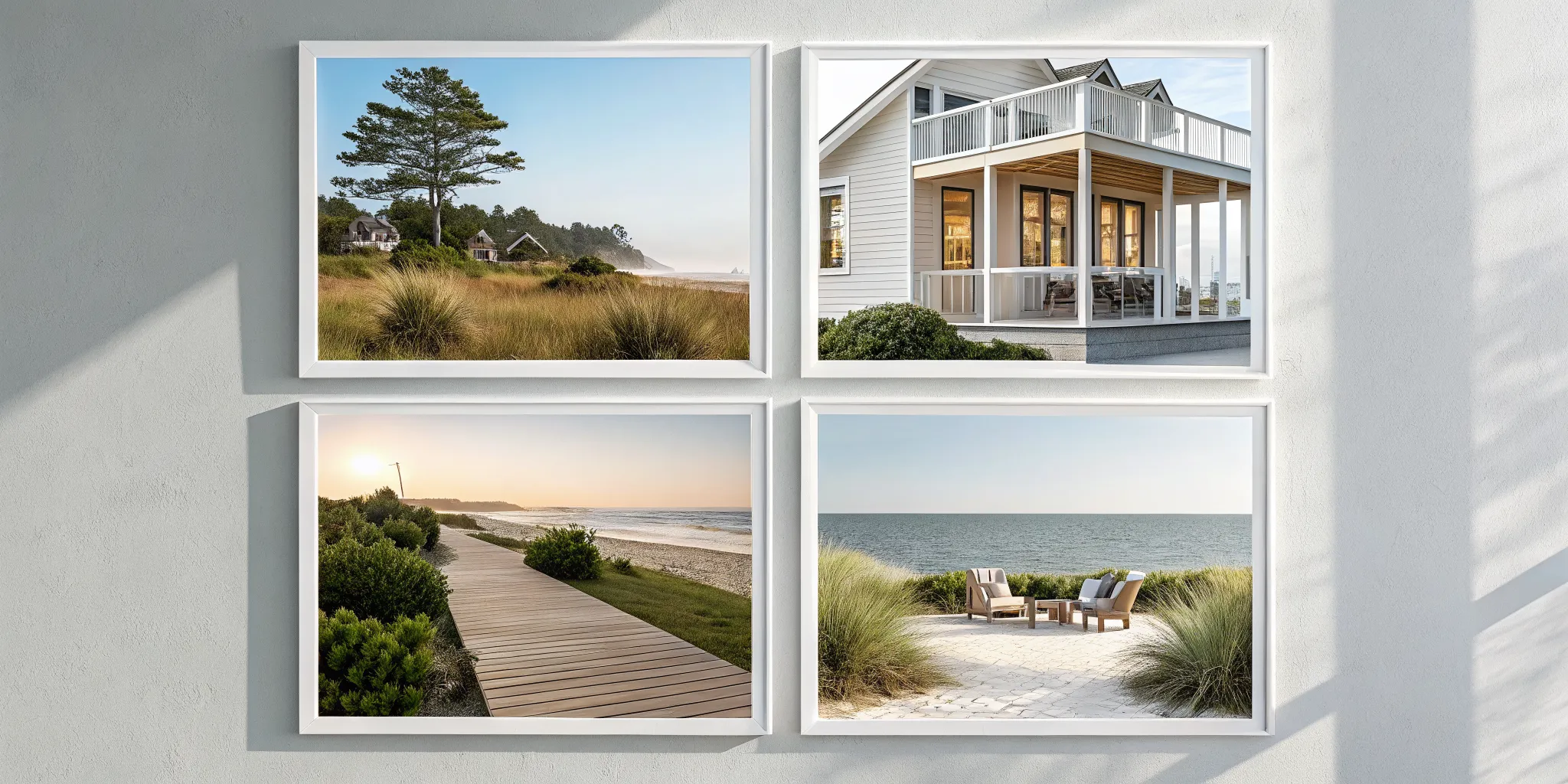 Framed photos of beach houses and ocean views showing what qualifies as a vacation rental.