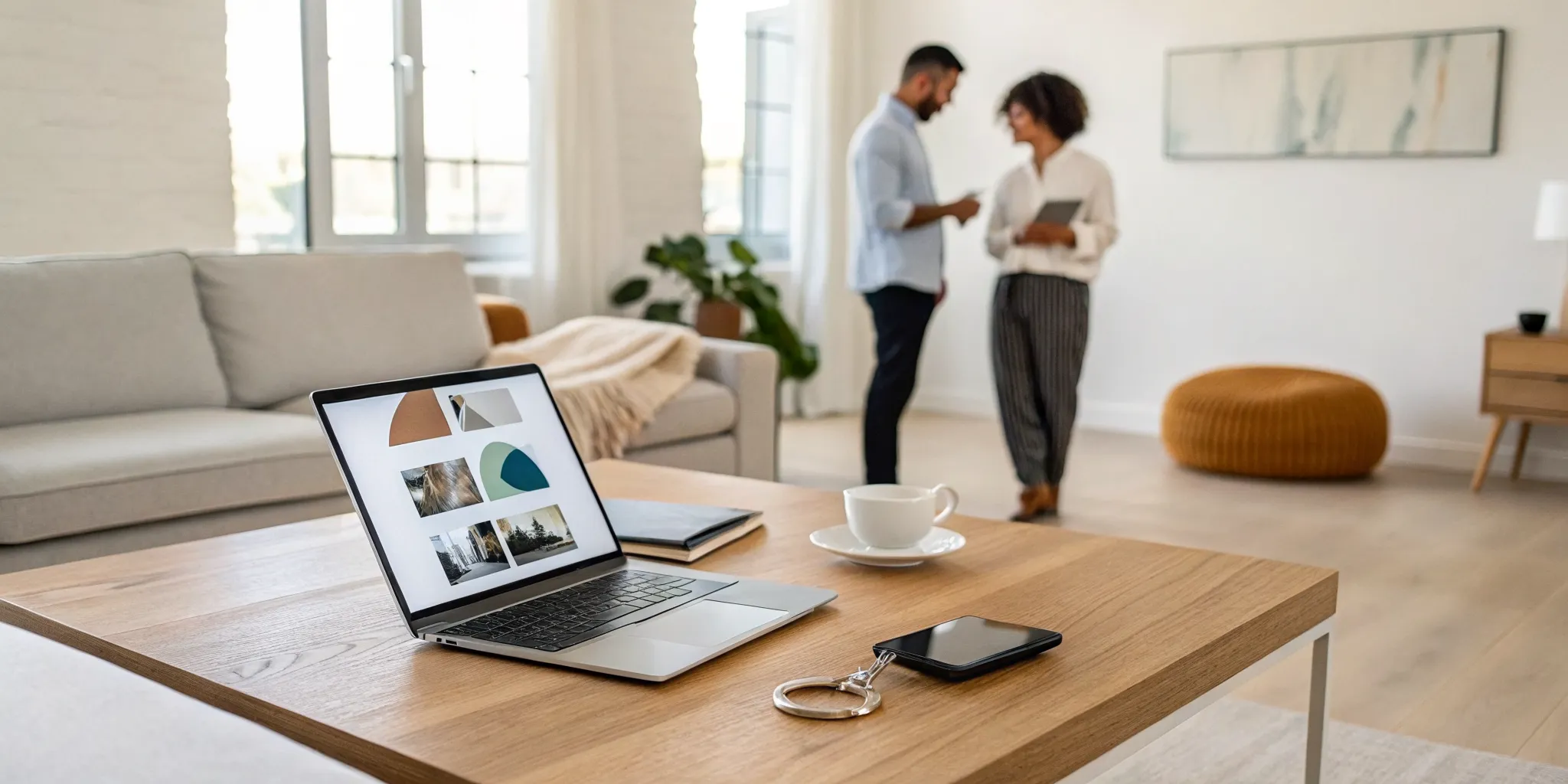 Two people planning an Airbnb cohosting strategy in a modern living room.