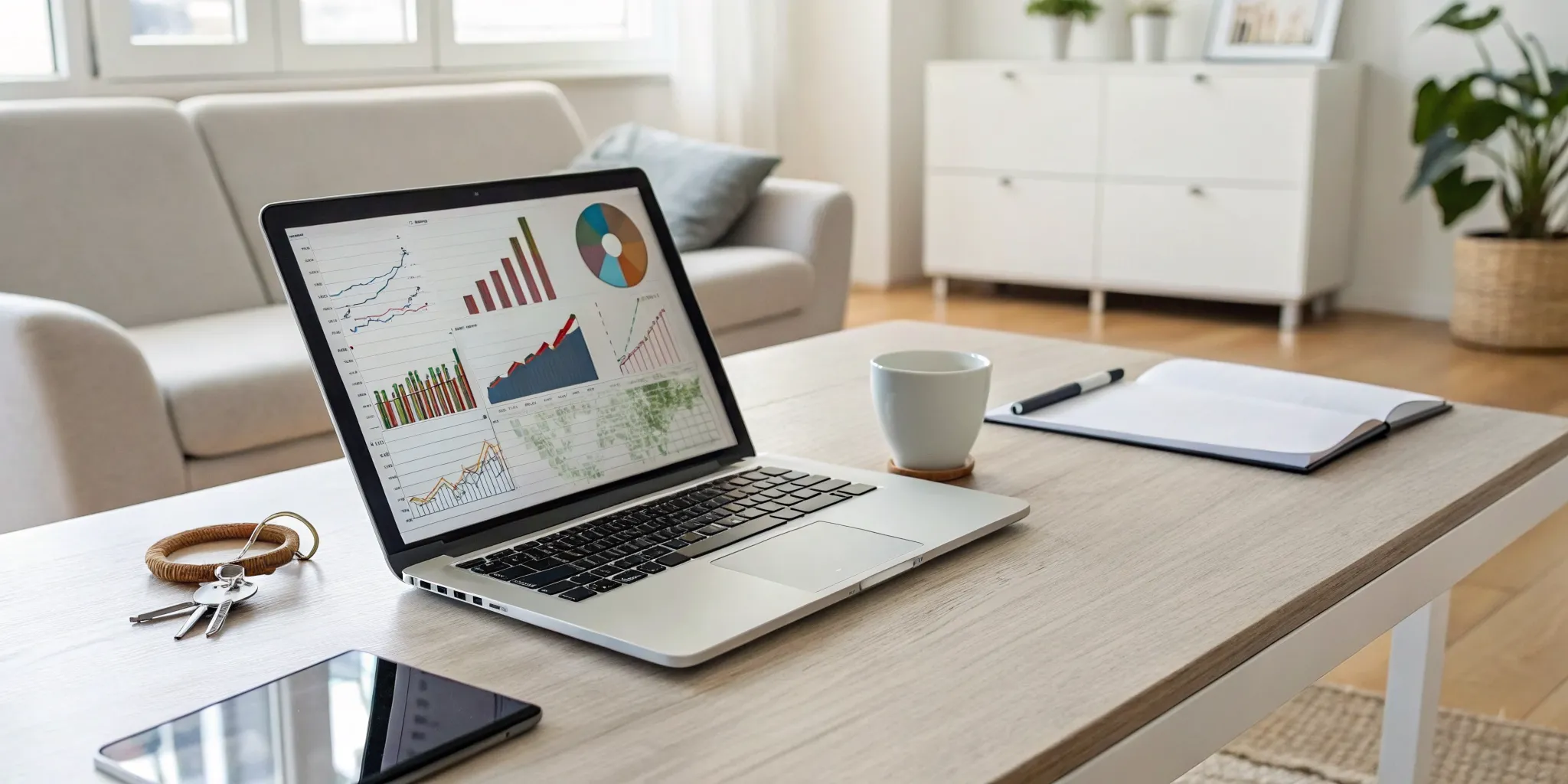 Laptop with charts for vacation rental revenue management.