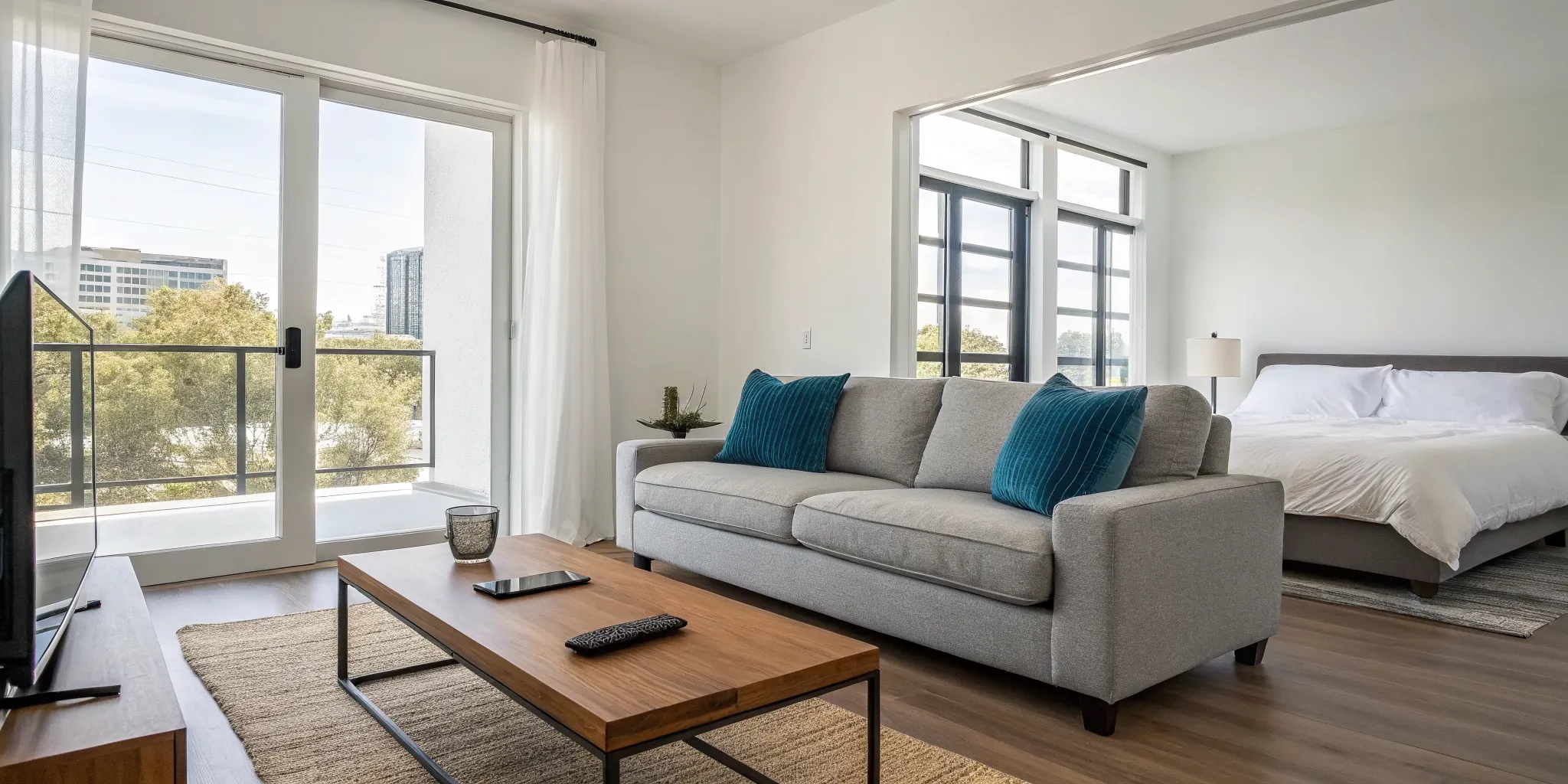 Open-plan living area of a modern turnkey short term rental with a balcony.