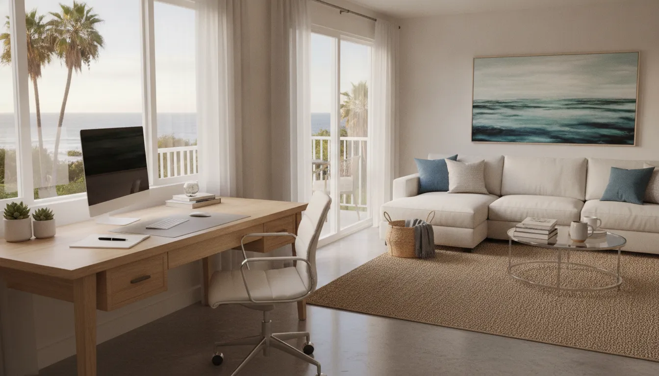 Living room and workspace arranged for a mid-term rental guest in Southern California