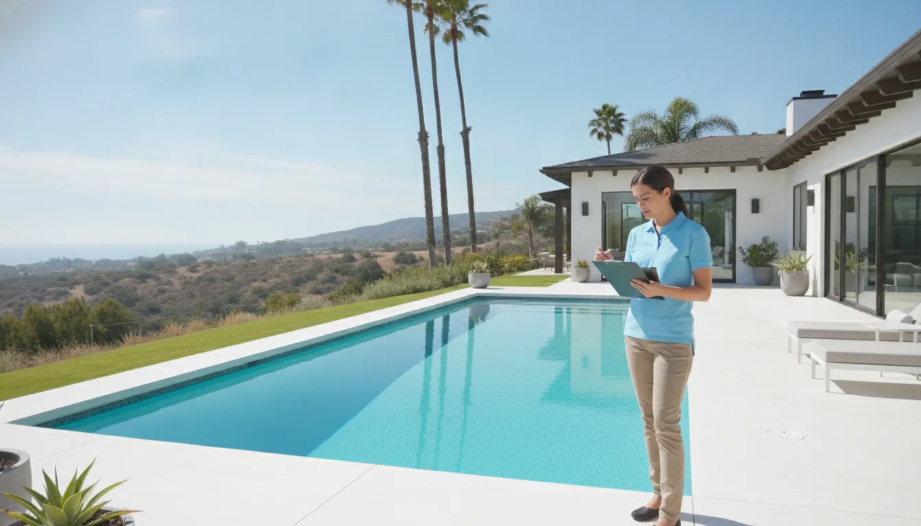 Property manager inspecting a Southern California vacation rental beside a pool