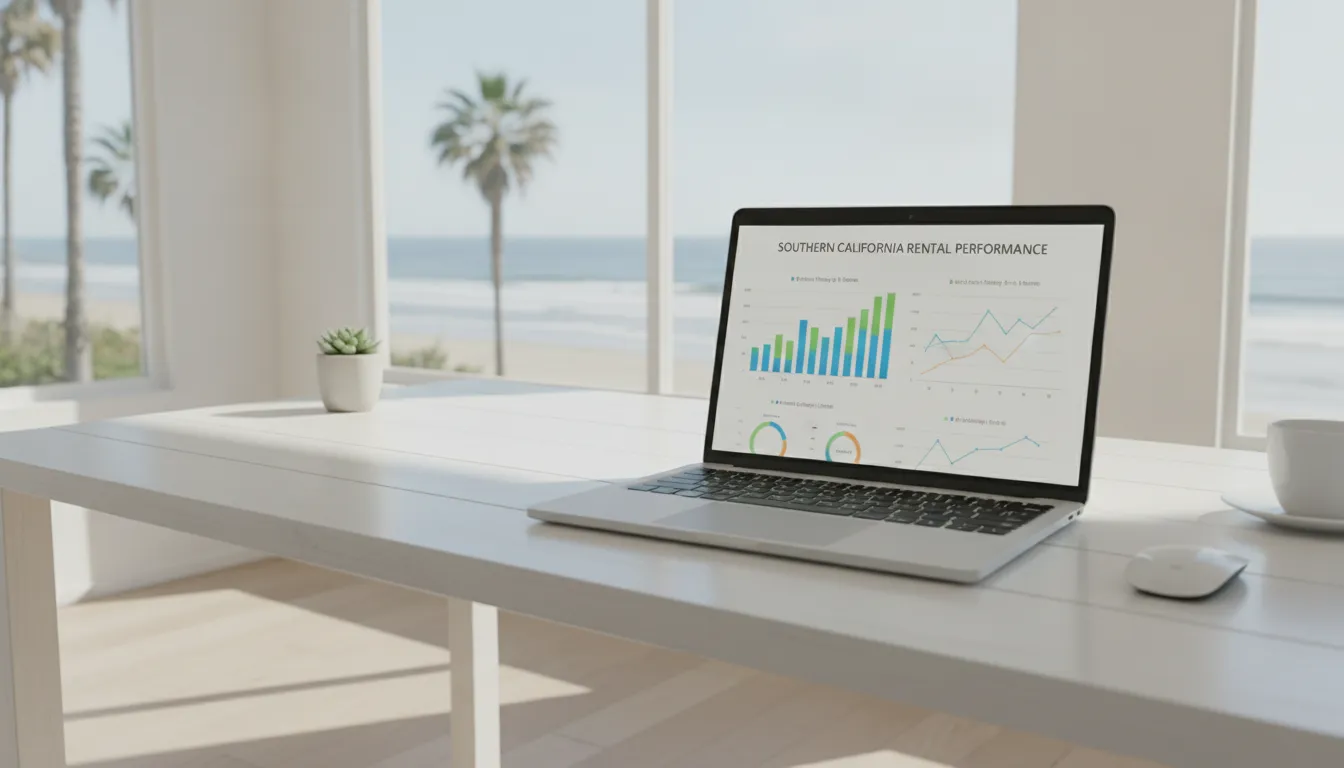 Vacation rental revenue charts displayed on a laptop screen inside a bright beach house office in Southern California.