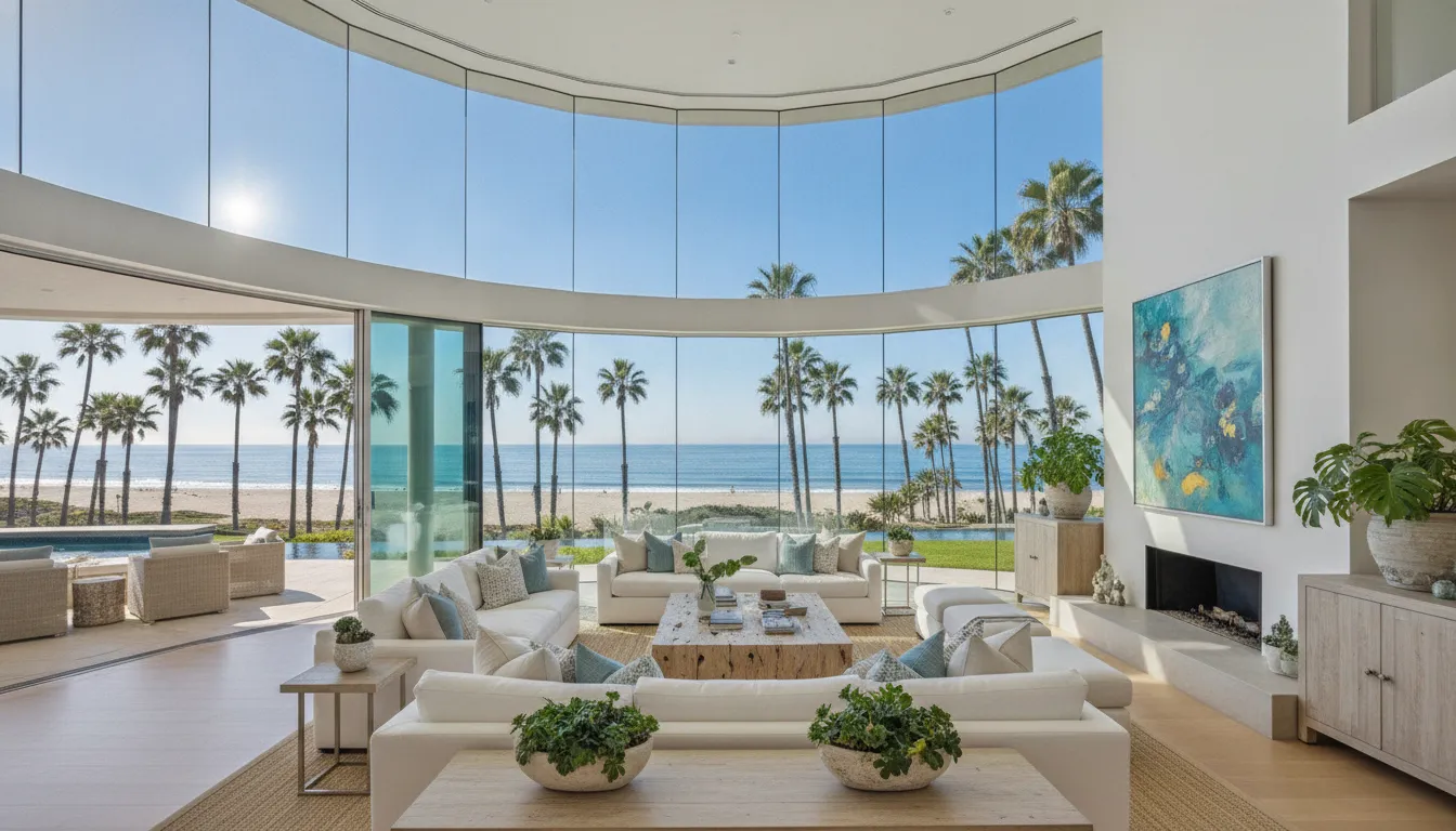 A luxurious beach house living room in Southern California showing sunny skies and palm trees.