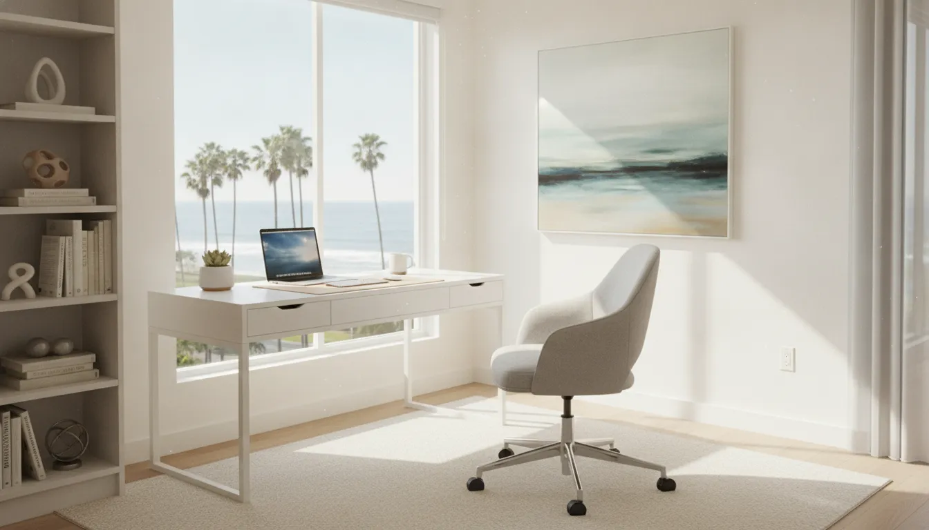 A modern and bright home office space with a desk and laptop in a Los Angeles corporate housing rental