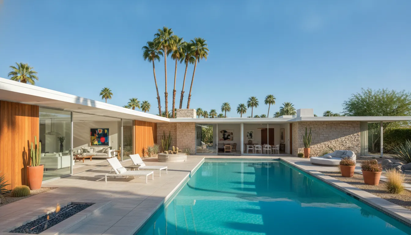 Mid-century modern luxury villa in Palm Springs with swimming pool and palm trees