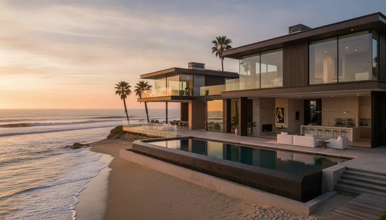 Modern beachfront luxury villa at sunset in Venice Beach California