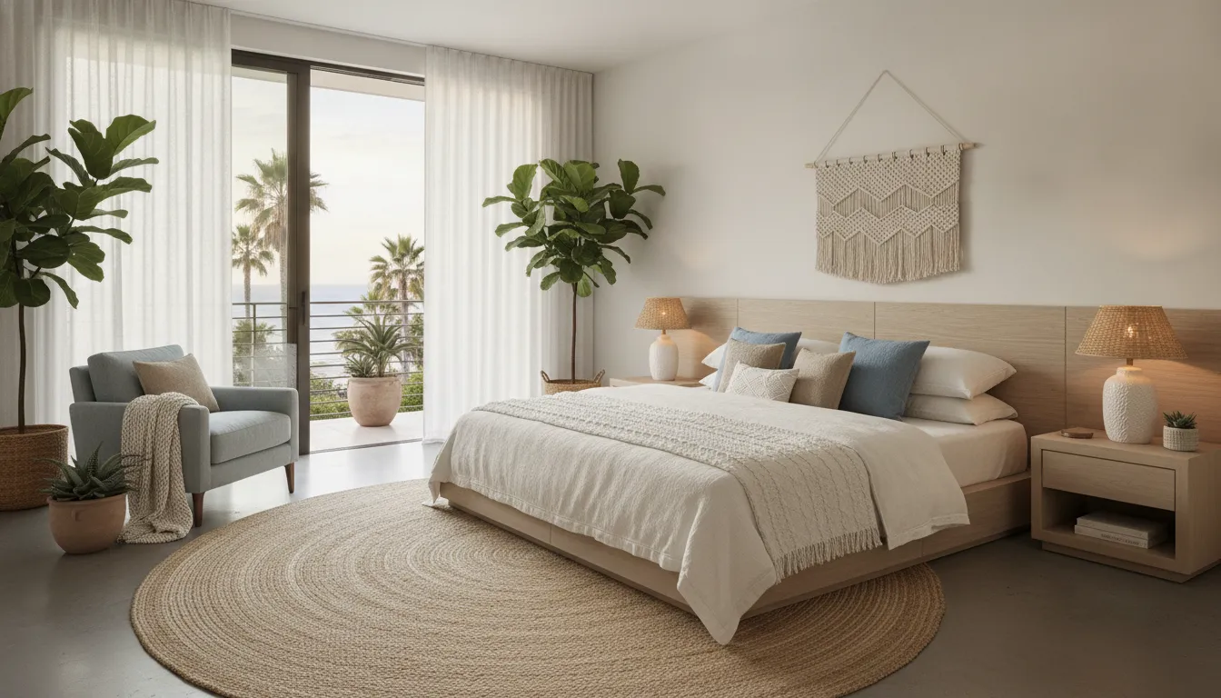 A beautifully designed modern coastal bedroom in Southern California with natural light and high-end linens for short-term guests