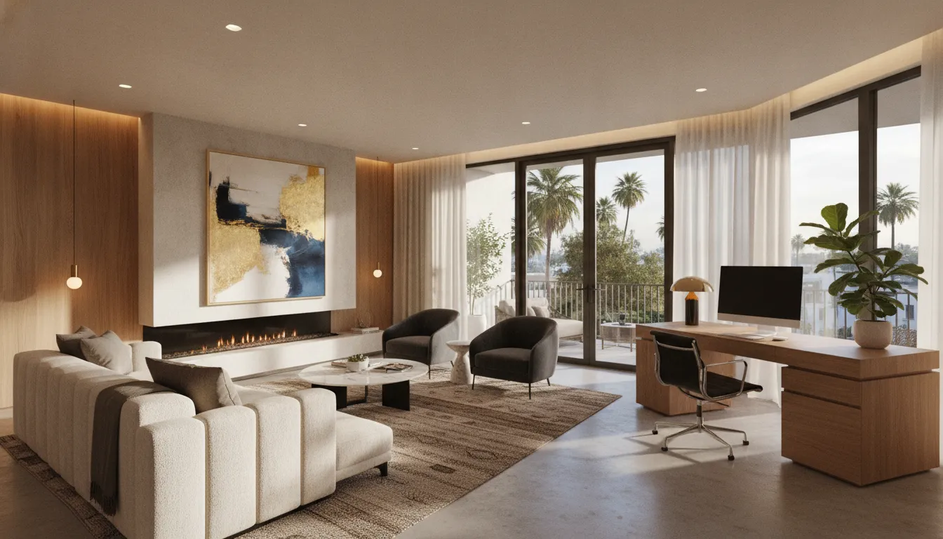 A luxurious contemporary living room in a Los Angeles vacation rental with a stylish workspace desk for business travelers