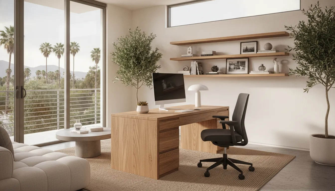 Bright furnished home office with desk and ergonomic chair in a Southern California corporate rental property