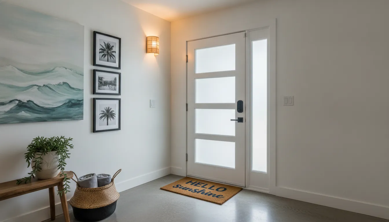 Modern vacation rental entryway with keyless smart lock and warm California-style decor