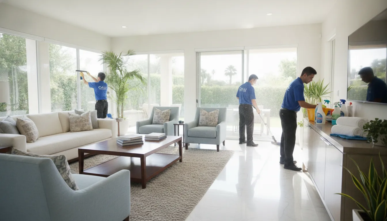 Professional cleaning crew preparing a spotless Southern California vacation rental for guest arrival