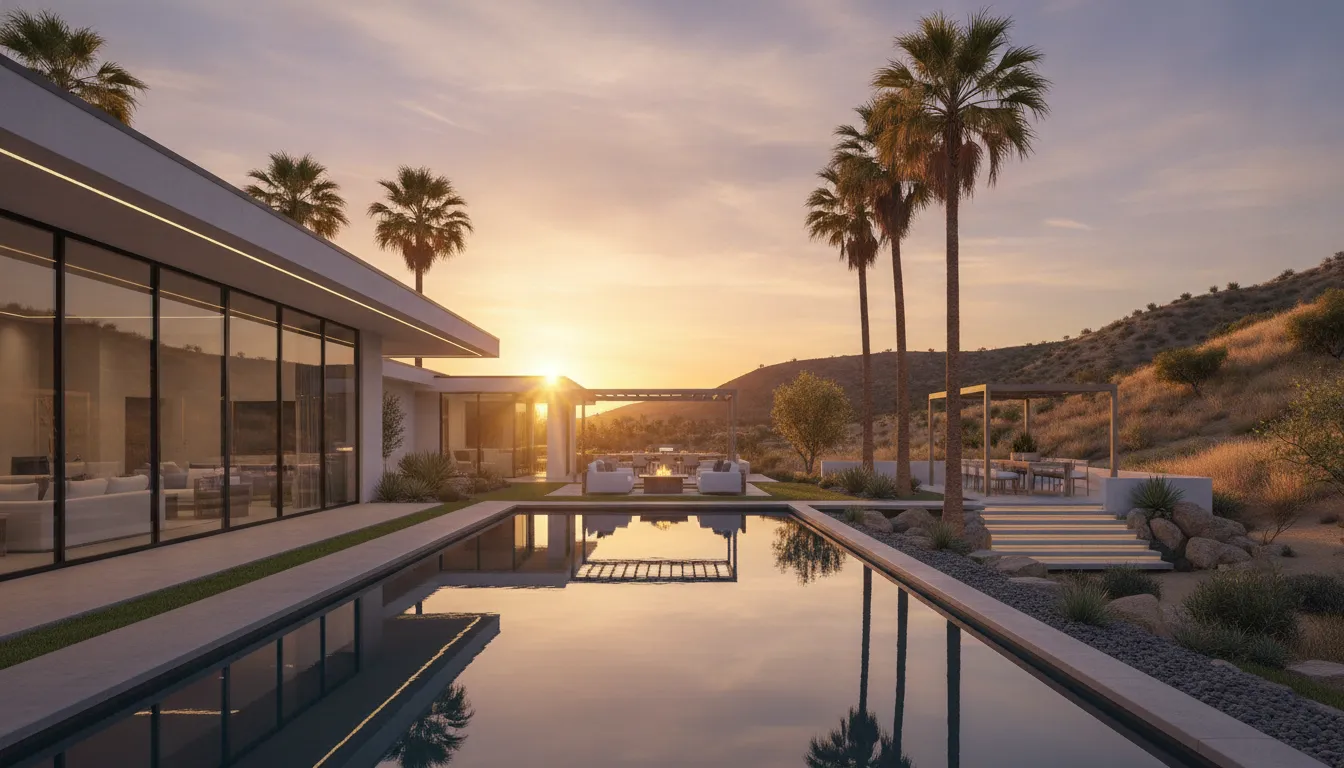 Luxury Southern California property with pool and palm trees in golden hour light