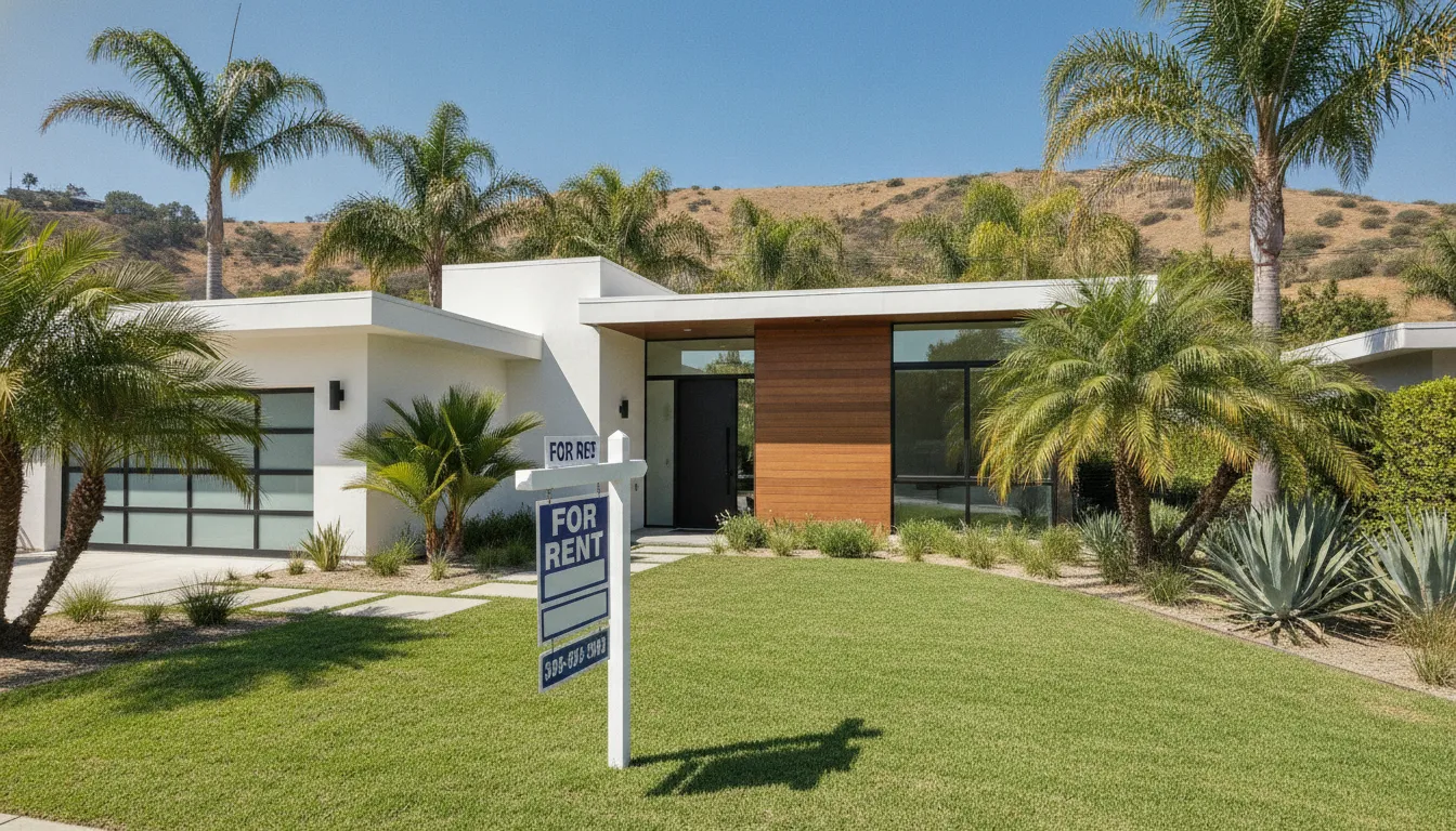 Modern California home with palm trees in front, bright sunny exterior