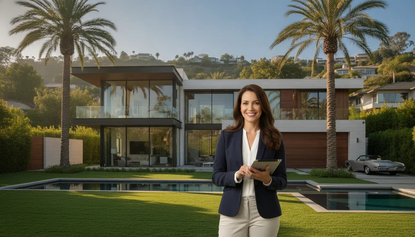Professional property manager at a luxury Los Angeles home with palm trees