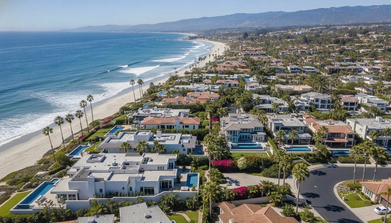 Aerial view of Southern California coastline with luxury vacation homes and palm trees