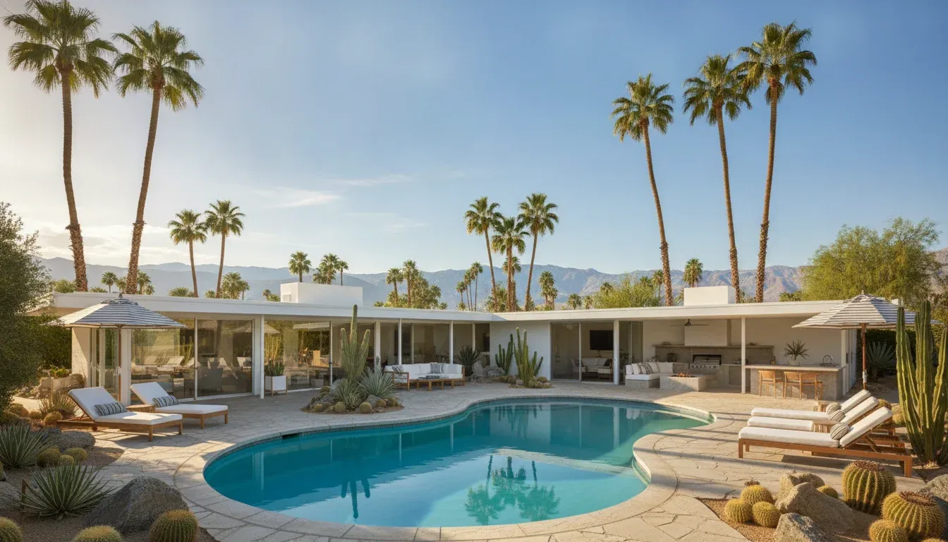 Modern Palm Springs vacation rental with pool, palm trees, and mid-century architecture in bright desert sunlight