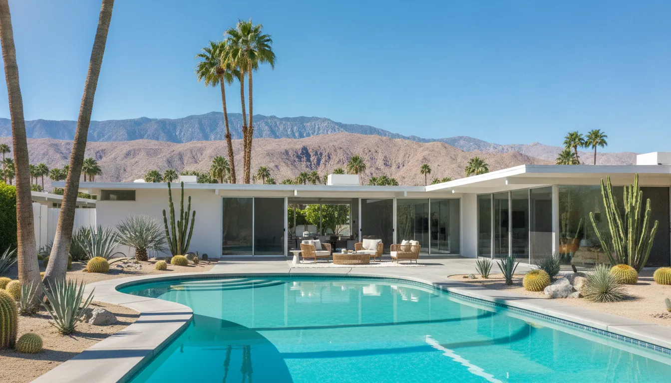 Palm Springs mid-century modern vacation rental with a turquoise pool, mountain views, and desert landscaping