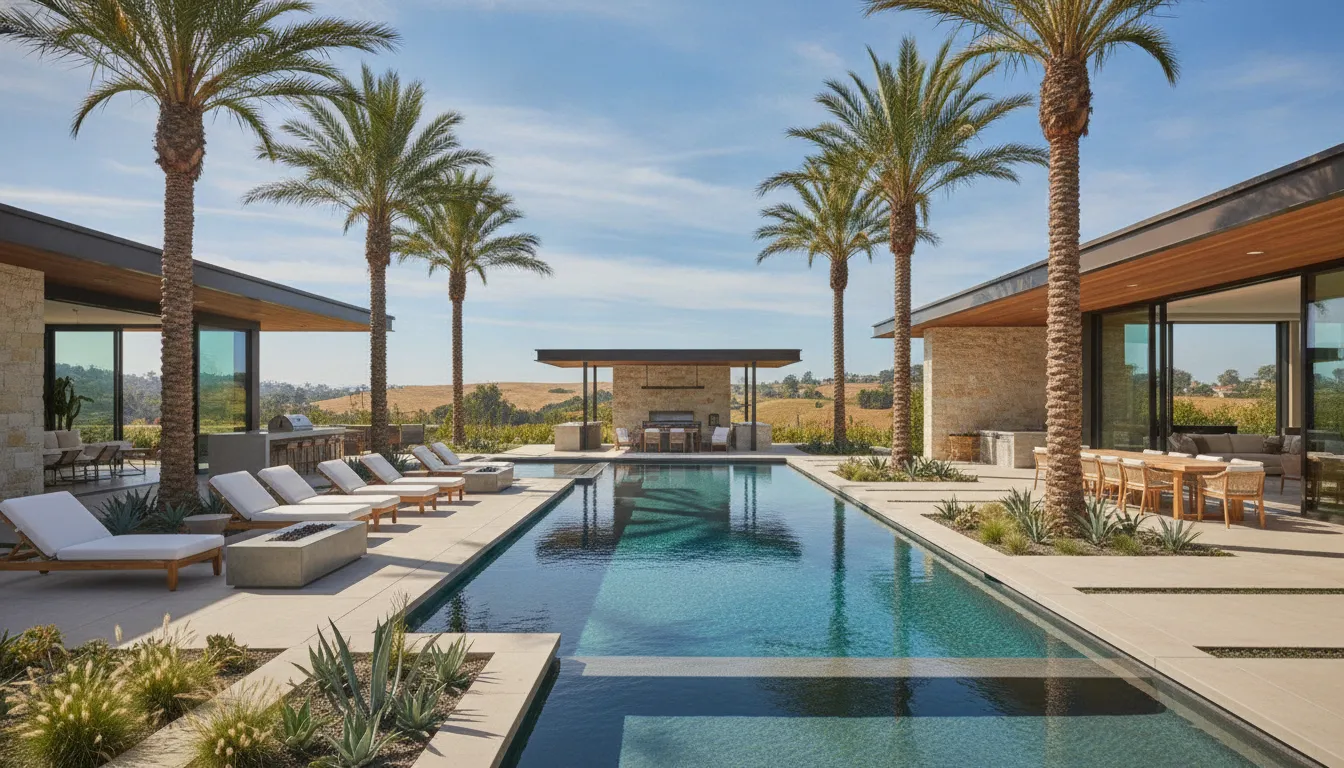 Modern Southern California vacation rental property with palm trees and pool