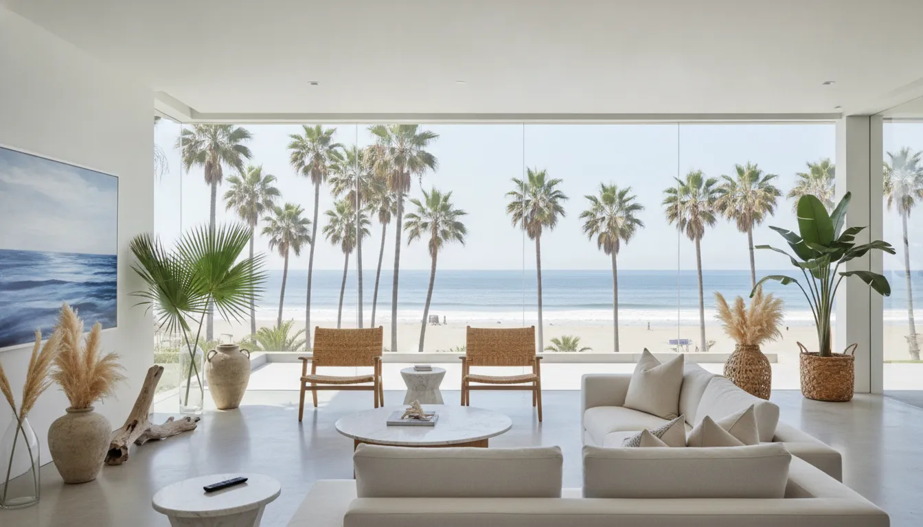 Bright luxury California living room with ocean views, modern coastal furniture, and palm trees visible through floor-to-ceiling windows