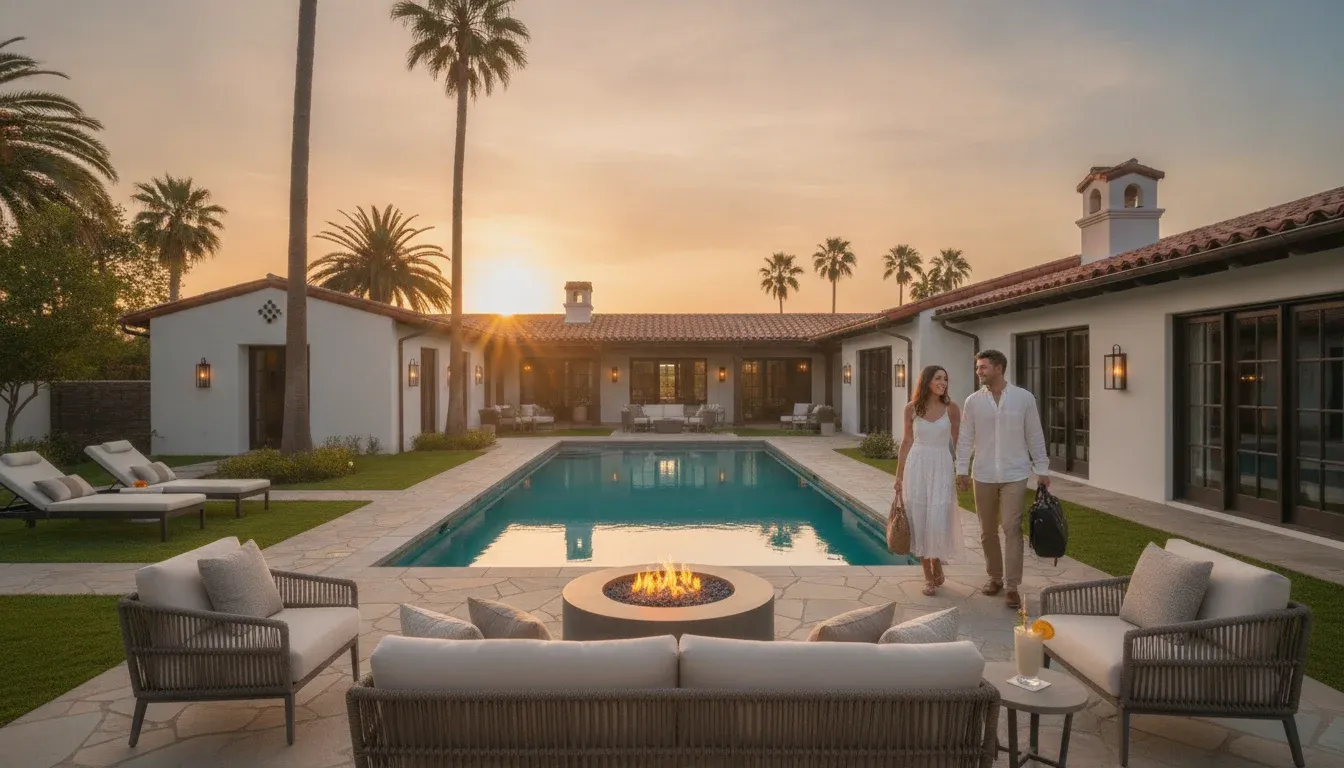 Luxurious Southern California vacation rental property with outdoor living space and palm trees at golden hour