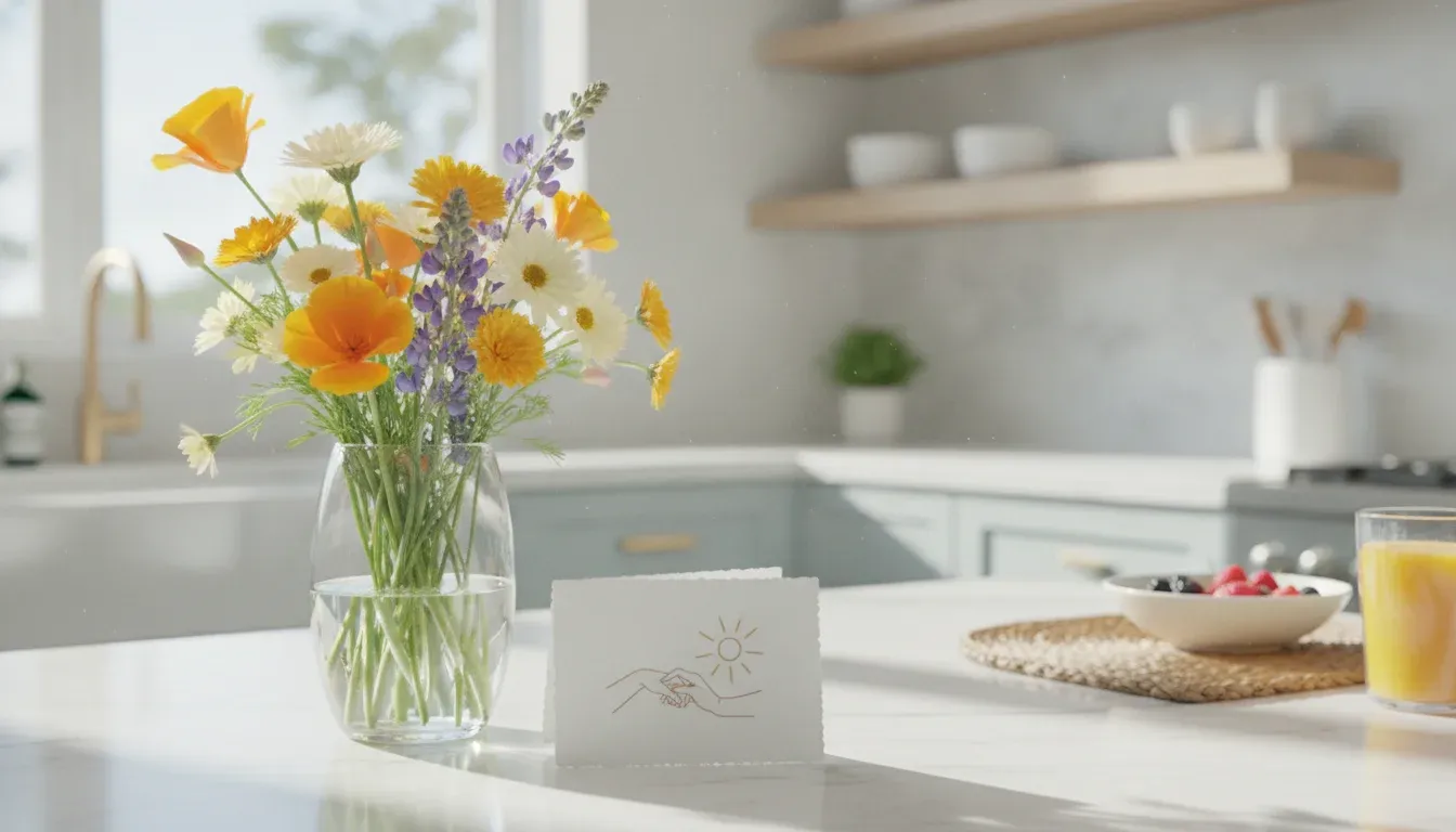 Welcome note and fresh flowers on a vacation rental kitchen counter with California sunlight