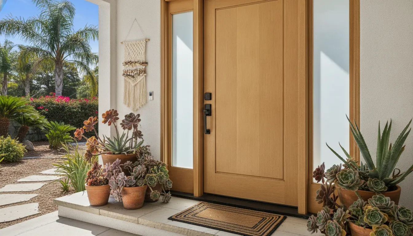 Smart lock on a modern Southern California vacation rental door with succulents and coastal decor