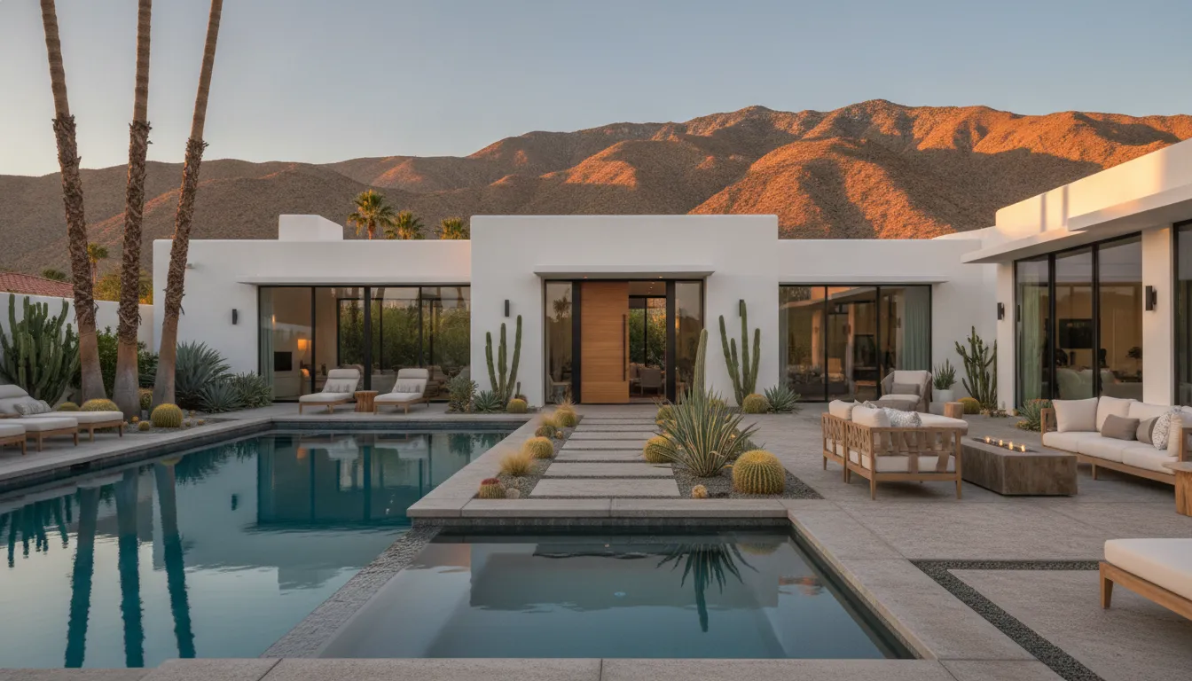 Modern Southern California vacation rental home with pool and palm trees at golden hour