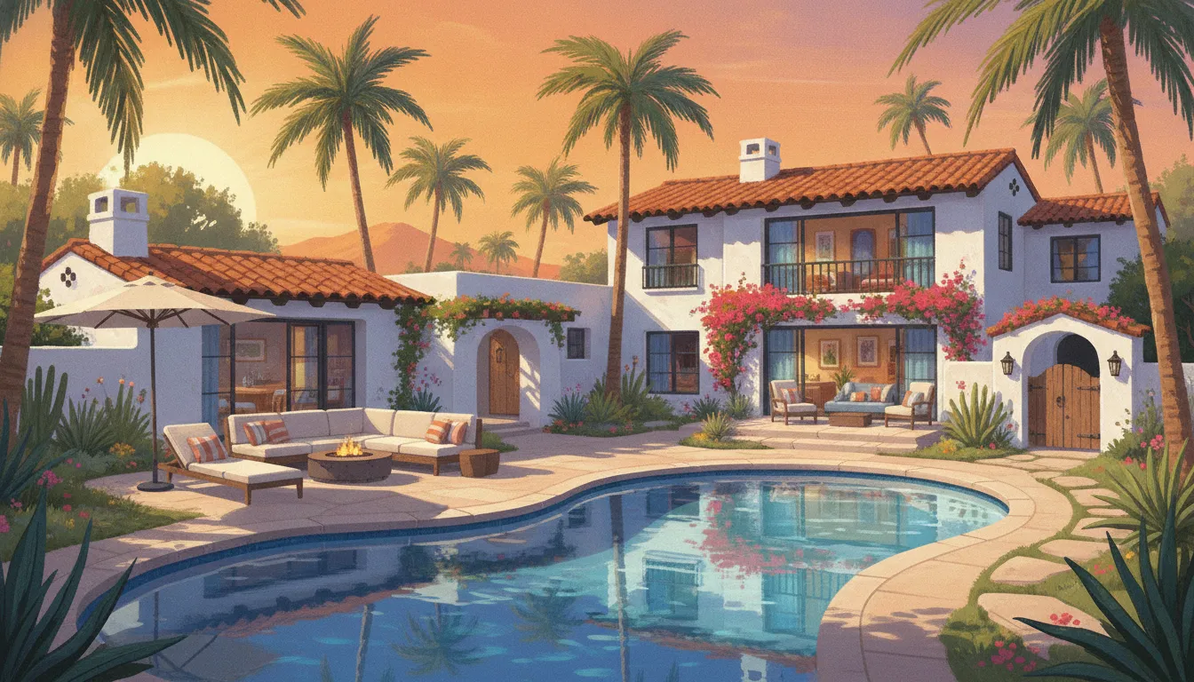 Colorful illustration of a Southern California vacation home with palm trees and pool at golden hour