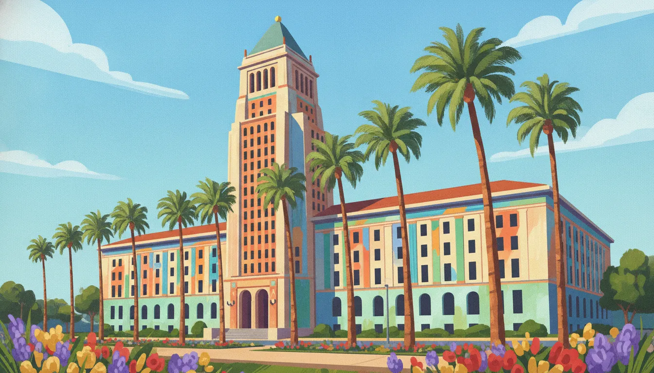 Los Angeles City Hall with palm trees and blue sky