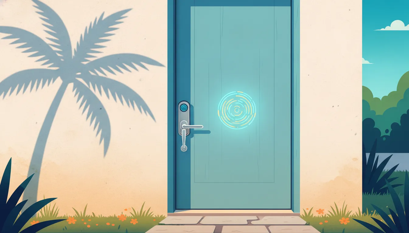 Smart keyless door lock with keypad on a modern Southern California vacation rental door