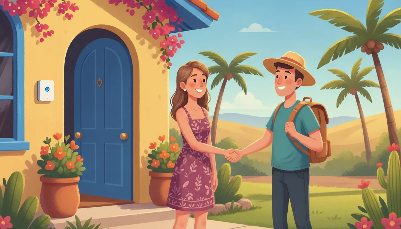 Host welcoming a guest at the front door of a sunny Southern California vacation rental with a small porch noise monitor