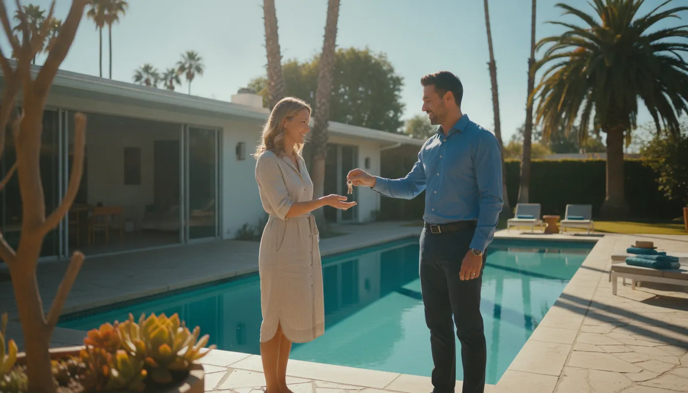A professional vacation rental manager handing keys to a property owner in a sunny Southern California courtyard