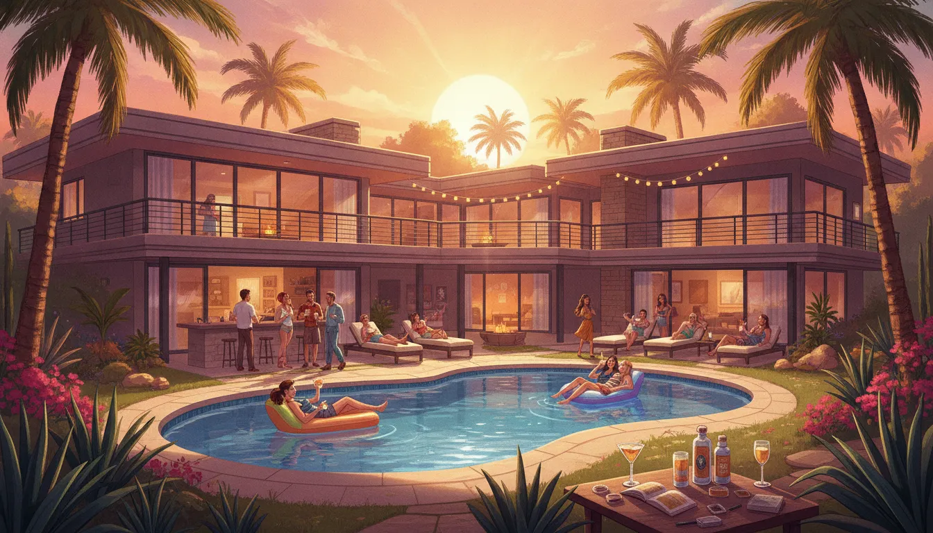 A colorful Southern California vacation rental home with palm trees and a pool at golden hour