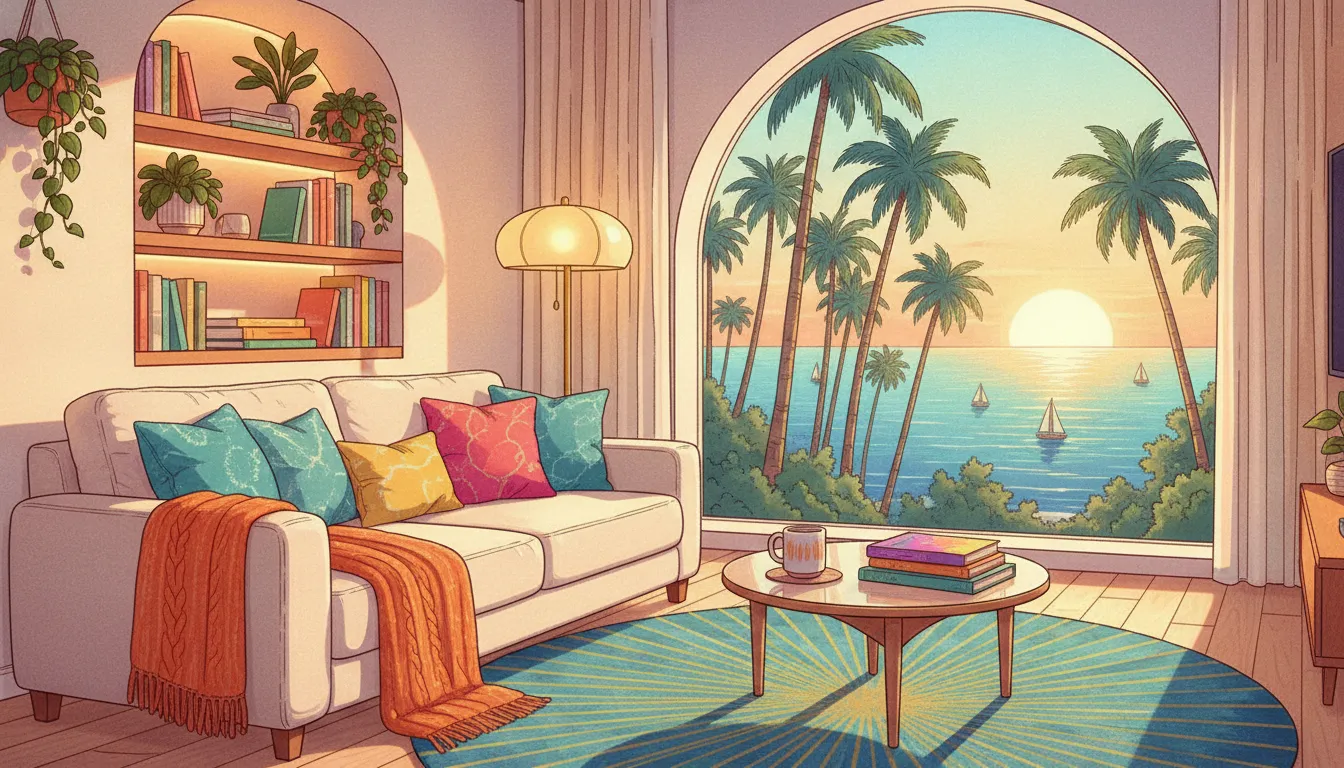 Brightly furnished Southern California short-term rental living room with ocean views