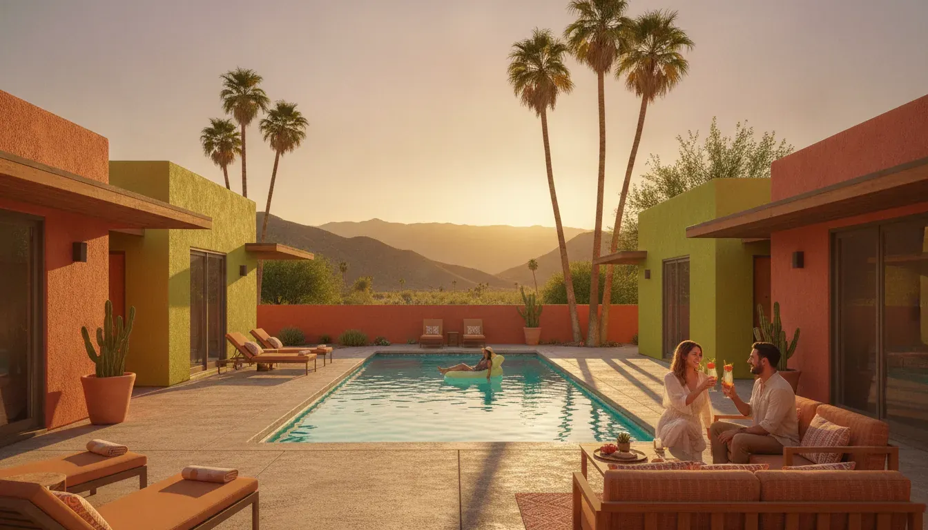 Colorful Palm Springs style vacation rental courtyard with pool and mountains