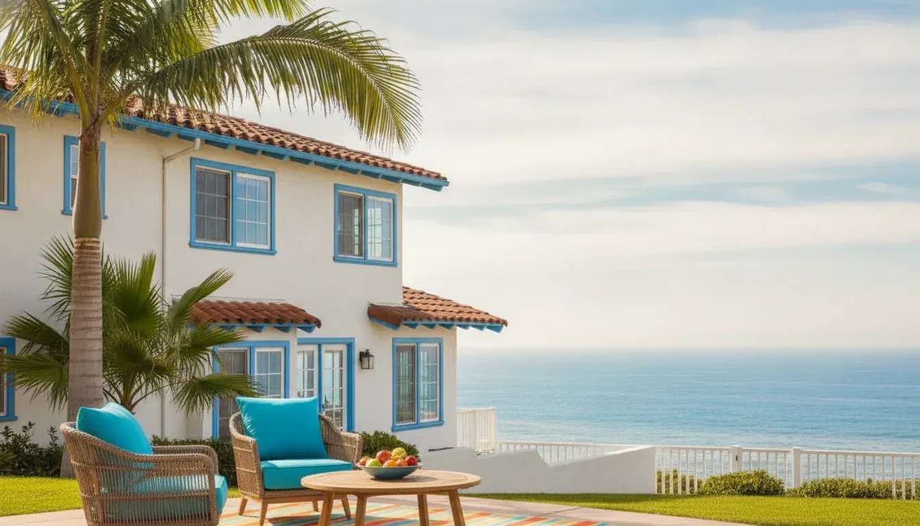 Colorful coastal Southern California vacation rental with palm trees and ocean view