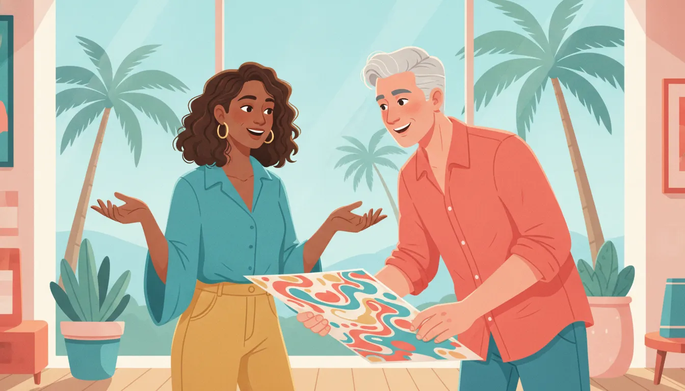 Colorful illustration of a property owner reviewing a vacation rental management report
