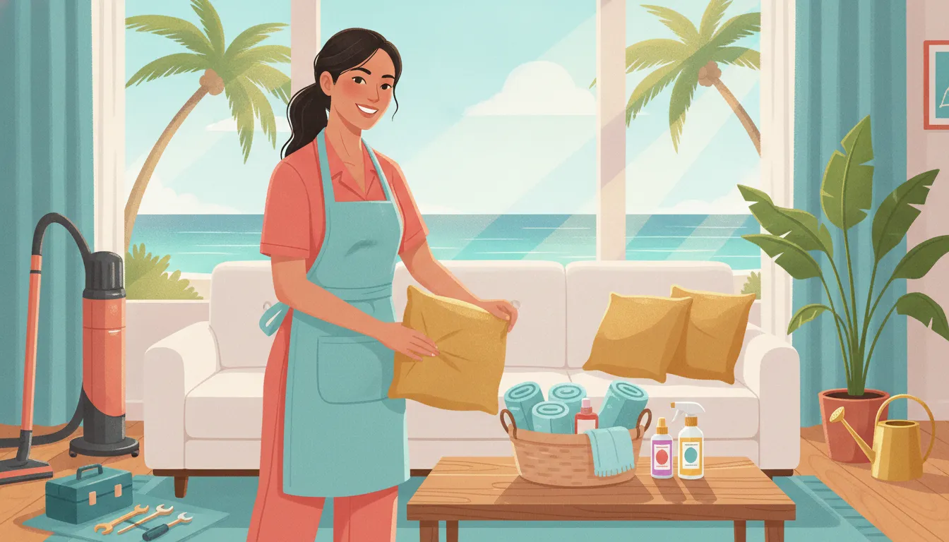 Colorful illustration of cleaning and maintenance operations at a Southern California vacation rental