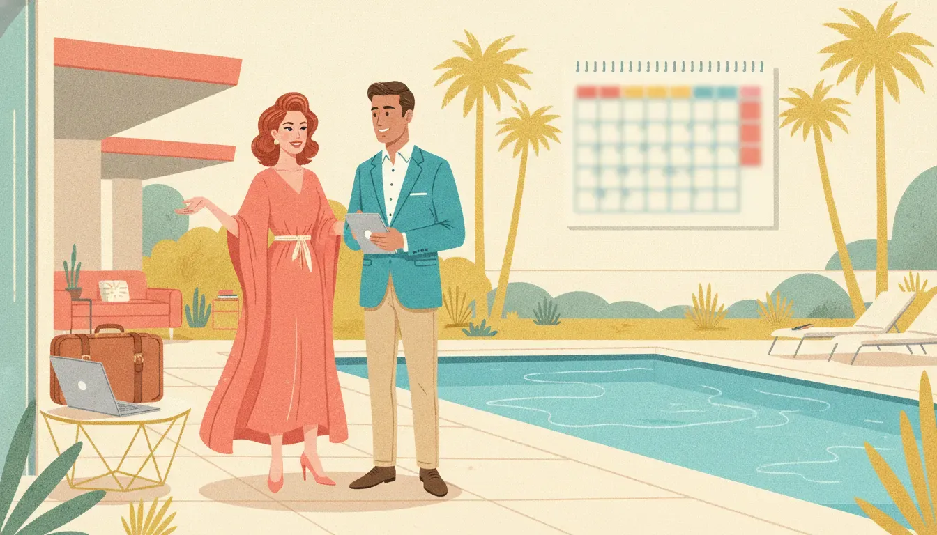 Colorful Palm Springs illustration of an owner and property manager planning seasonal mid-term occupancy