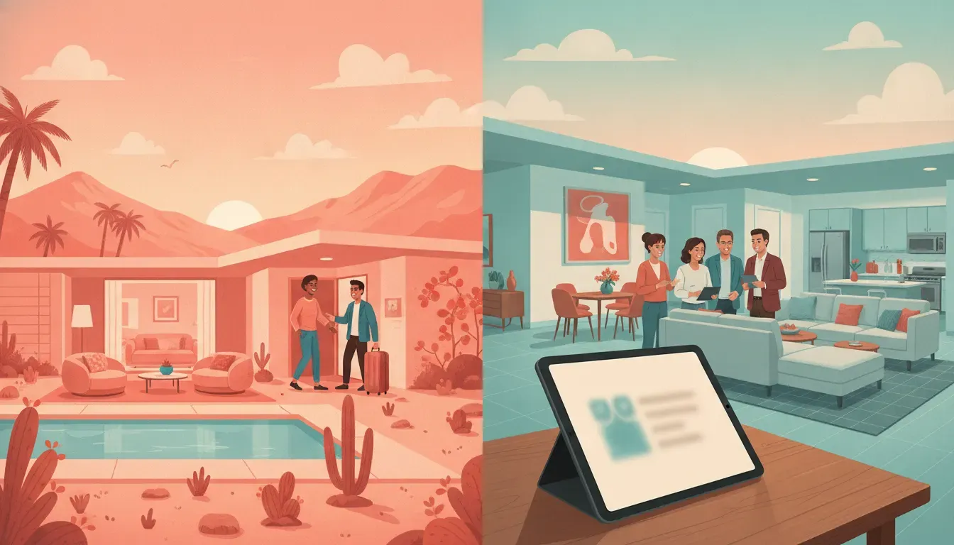 Colorful illustration comparing hosted and non-hosted Palm Springs rental pathways