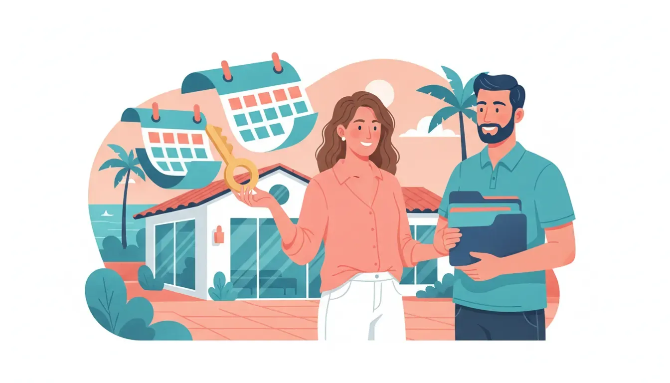 Colorful illustration of a Southern California vacation rental owner organizing bookkeeping with a property manager