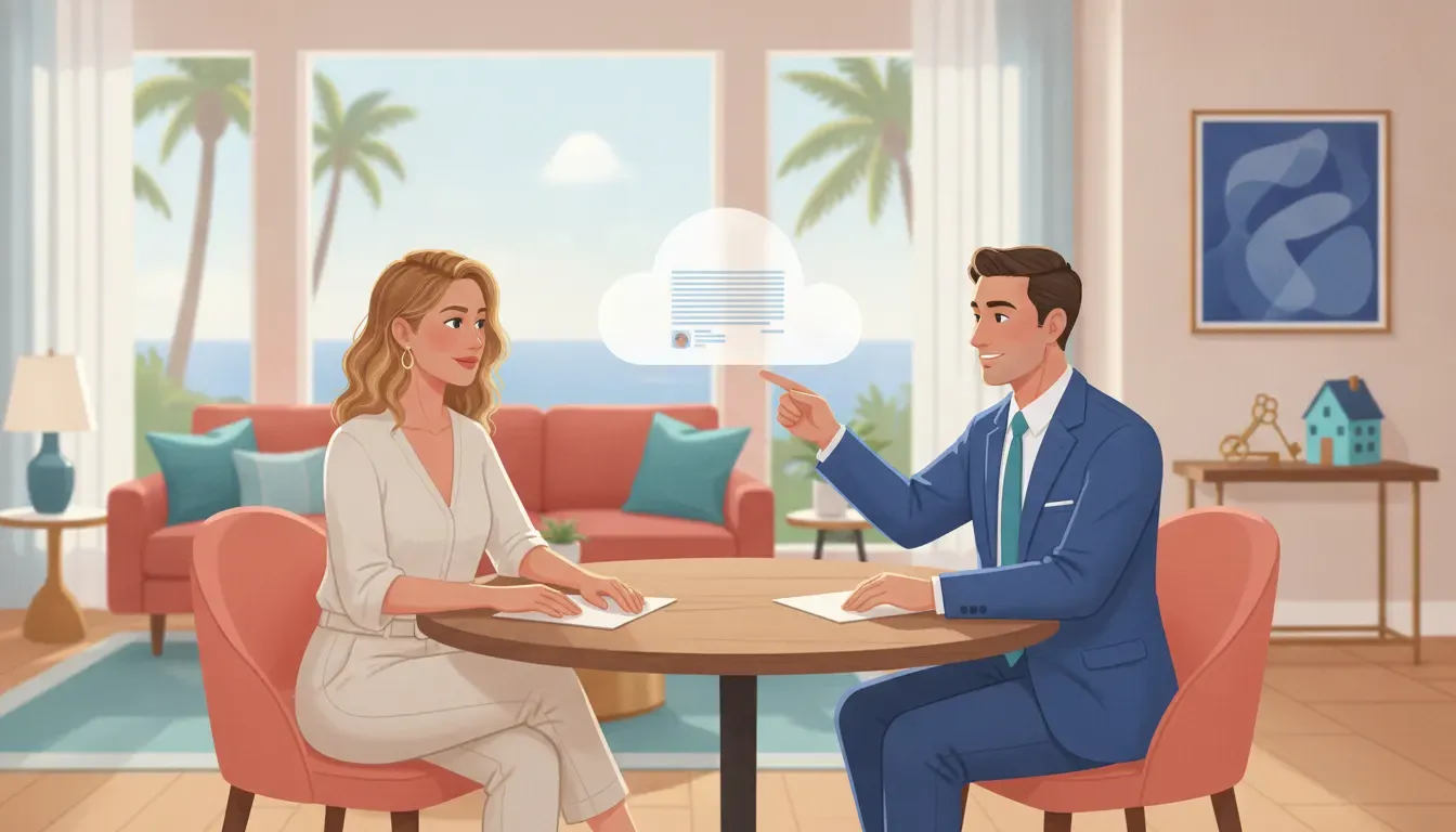 Colorful illustration of a California short-term rental owner reviewing insurance and liability protection